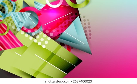 Abstract geometric shapes overlap, creating vibrant colorful composition. Pink, green, blue hues dominate design. Modern aesthetic.