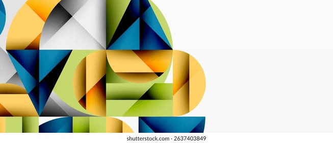 Abstract geometric shapes overlap, creating vibrant color blocks. Composition features triangles, curves, plus negative space.
