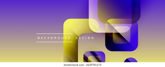 Abstract geometric shapes overlap, creating vibrant gradient background. Yellow, purple hues dominate composition. Modern design element.