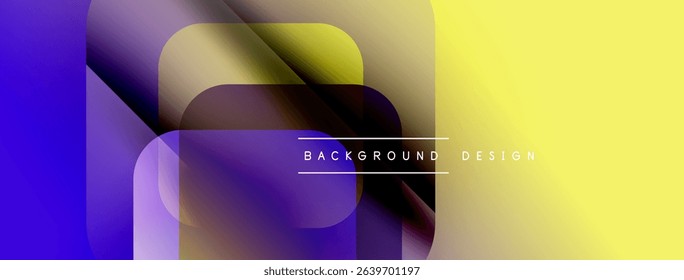 Abstract geometric shapes overlap, creating vibrant color gradients. Yellow, purple, brown hues dominate composition. Minimalist text present.