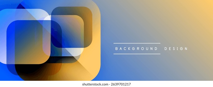 Abstract geometric shapes overlap, creating vibrant gradient effect. Background transitions from blue to orange. Minimalist design elements present.