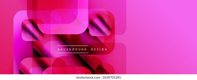 Abstract geometric shapes overlap, creating vibrant pink, red gradients. Modern design features layered rectangles, smooth transitions.