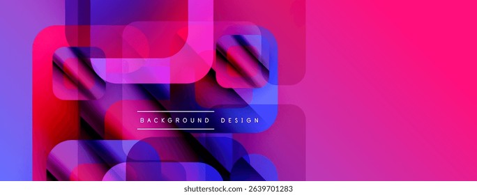 Abstract geometric shapes overlap, creating vibrant pinks, blues, purples. Modern design feels energetic, dynamic. Text reads background design.