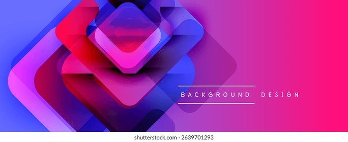 Abstract geometric shapes overlap, creating vibrant gradient banner. Pink, blue hues dominate design, modern aesthetic. Text reads background design.