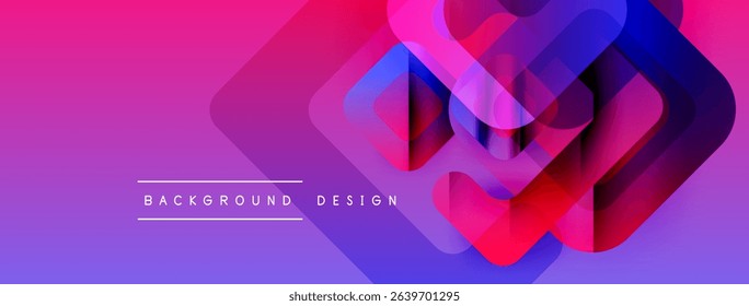 Abstract geometric shapes overlap, creating vibrant gradient effect. Purple, pink, blue hues dominate design. Text reads background design.