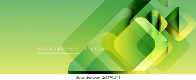 Abstract geometric shapes overlap, creating vibrant green gradient background. Modern design elements suggest innovation, technology.