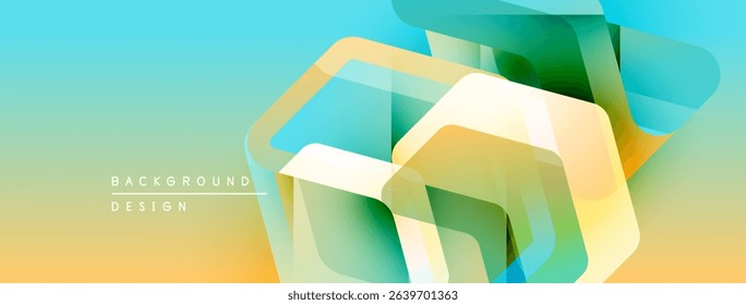 Abstract geometric shapes overlap, creating vibrant gradient background. Yellow, green, turquoise hues blend smoothly. Modern design element.