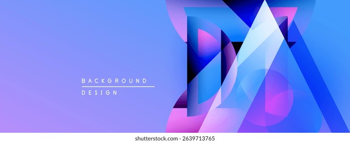 Abstract geometric shapes overlap, creating vibrant gradient background. Blue, purple hues dominate design. Modern aesthetic.