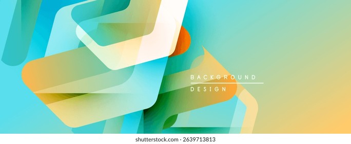 Abstract geometric shapes overlap, creating vibrant color gradients. Design features teal, orange, yellow hues. Modern aesthetic.
