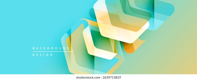 Abstract geometric shapes overlap, creating vibrant turquoise, yellow gradients. Modern design elements suggest fluidity, innovation. Background text reads background design.