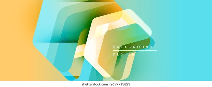 Abstract geometric shapes overlap, creating vibrant color gradients. Light blue, yellow, green hues dominate composition. Modern design element.