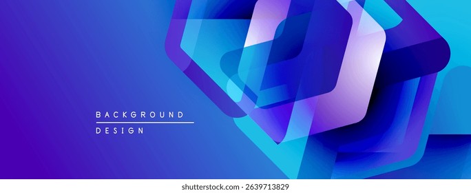 Abstract geometric shapes overlap, creating vibrant blue purple gradients. Modern design elements suggest technology, innovation, fluidity.