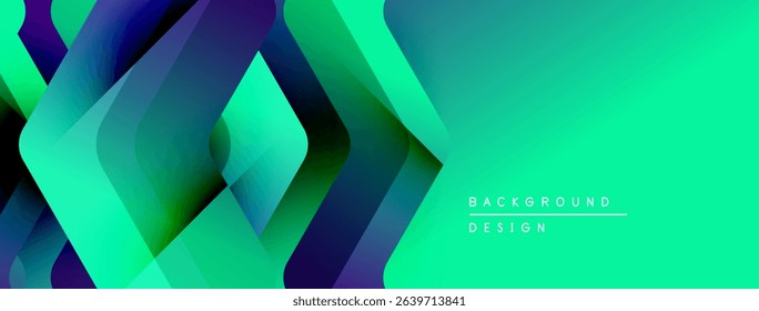 Abstract geometric shapes overlap, creating vibrant gradient effect. Green dominates right side, purple left. Modern design element.