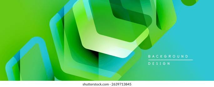 Abstract geometric shapes overlap, creating vibrant green, blue gradients. Modern design suggests technology, innovation, energy.
