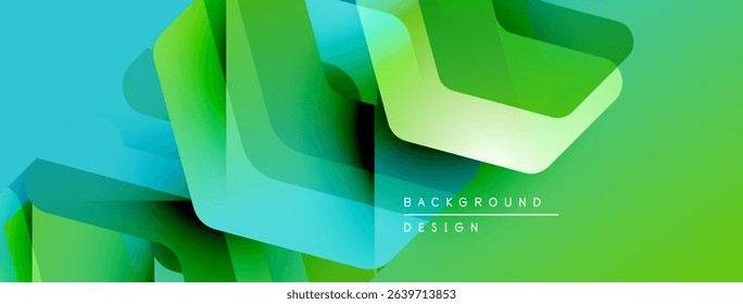 Abstract geometric shapes overlap, creating vibrant green, blue gradients. Modern design suggests technology, innovation, freshness.