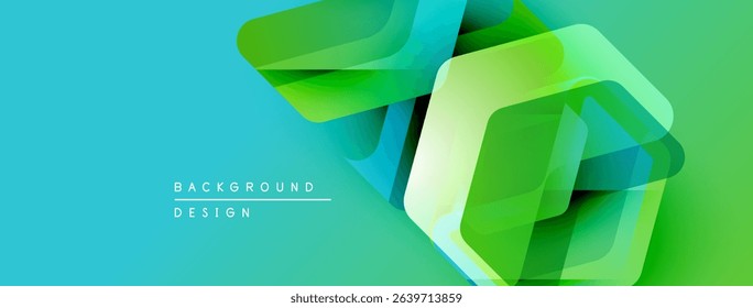 Abstract geometric shapes overlap, creating vibrant green, blue gradients. Background features text background, design. Modern, dynamic composition.