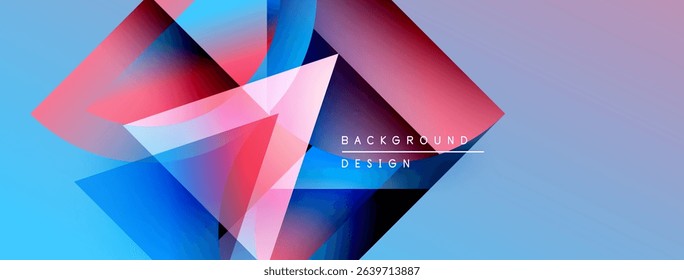 Abstract geometric shapes overlap, creating vibrant color gradients. Blue, pink, purple hues dominate design. Modern background texture.