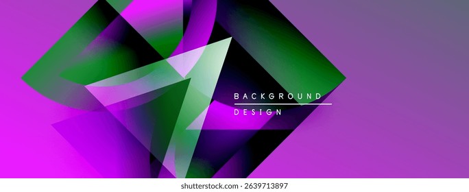 Abstract geometric shapes overlap, creating vibrant purple, green gradients. Modern design element for backgrounds, presentations.