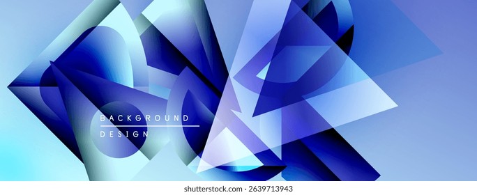 Abstract geometric shapes overlap, creating dynamic blue gradient background. Modern design elements suggest technology, innovation.