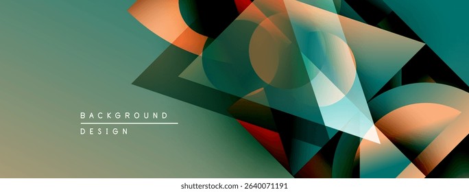Abstract geometric shapes overlap, creating dynamic visual effect. Colors blend, forming modern background design. Smooth gradients enhance depth.