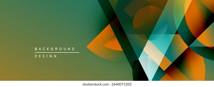 Abstract geometric shapes overlap, creating vibrant color gradients. Design features teal, orange, yellow hues on muted green backdrop.