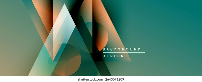 Abstract geometric shapes overlap, creating vibrant color gradients. Teal, orange, green hues dominate design. Modern aesthetic.