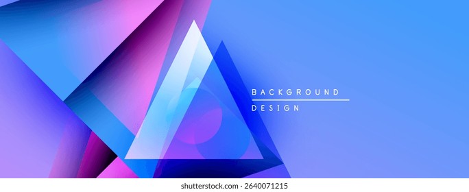 Abstract geometric shapes overlap, creating vibrant blue, purple gradients. Modern design suggests technology, innovation, future concepts.