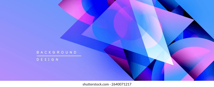 Abstract geometric shapes overlap, creating vibrant purple, blue gradients. Background text reads background design. Modern, dynamic visual composition.