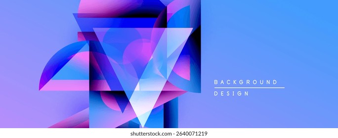 Abstract geometric shapes overlap, creating vibrant blue, purple gradients. Modern design suggests technology, innovation, digital art.