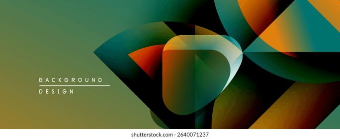 Abstract geometric shapes overlap, creating vibrant color gradients. Design features olive, orange, teal hues. Modern background texture.
