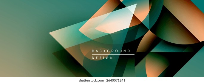 Abstract geometric shapes overlap, creating dynamic teal, orange gradients. Modern design elements suggest innovation, fluidity.