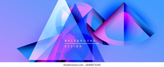 Abstract geometric shapes overlap, creating vibrant blue, pink, purple gradients. Modern design elements suggest technology, innovation.