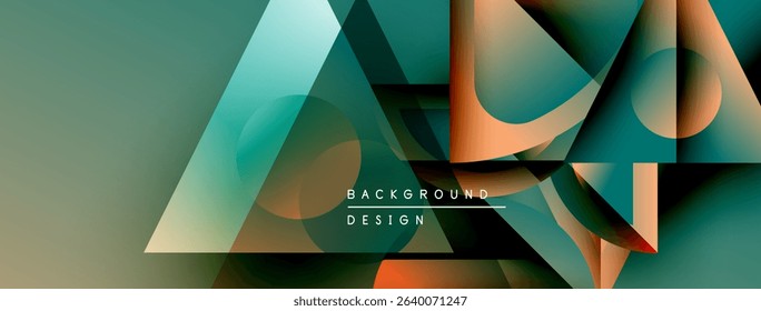Abstract geometric shapes overlap, creating modern design. Teal, orange, gray hues dominate composition. Minimalist text present.