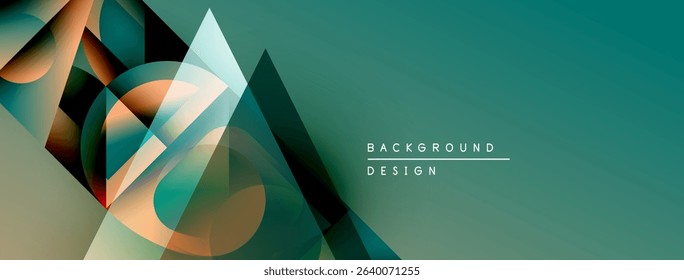 Abstract geometric shapes overlap, creating dynamic teal, orange gradients. Modern design evokes depth, movement, visual interest.