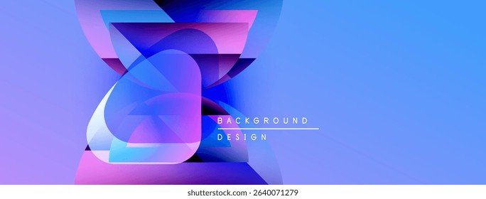Abstract geometric shapes overlap, creating vibrant blue, purple gradients. Text reads background design. Modern, dynamic composition.