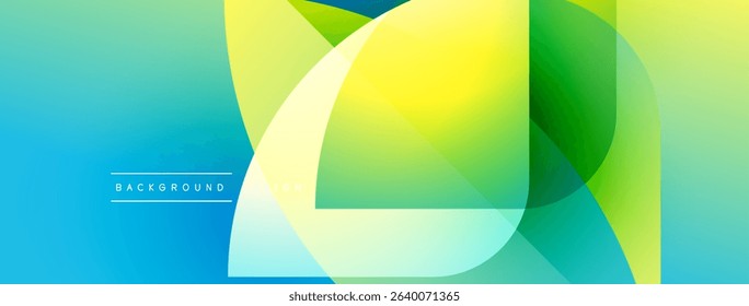 Abstract geometric shapes overlap, creating vibrant gradients. Blue, green, yellow hues blend smoothly. Modern design element for backgrounds.