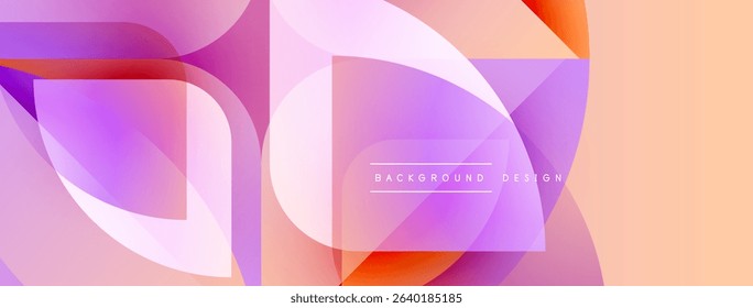 Abstract geometric shapes overlap, creating vibrant color gradients. Peach, purple, pink hues dominate composition. Modern design element.