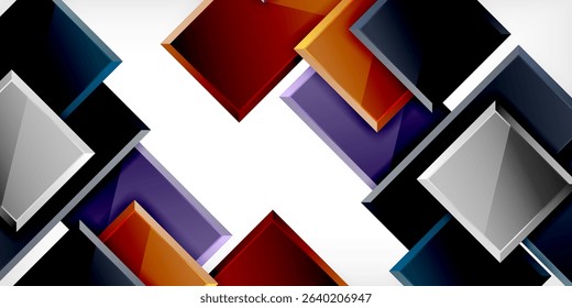 Abstract geometric shapes overlap, creating dynamic composition. Dark background contrasts bright squares, rectangles, colors. Modern design.