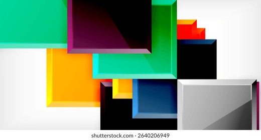Abstract geometric shapes overlap, creating vibrant color contrasts against dark background. Modern design, clean lines, bold composition.
