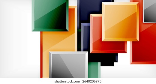 Abstract geometric shapes overlap, creating vibrant color contrasts. Composition features glossy rectangles, squares, light gradients.