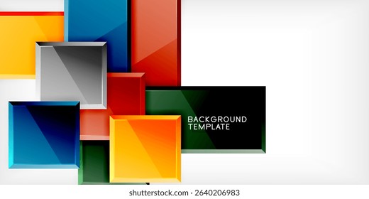 Abstract geometric shapes overlap, creating vibrant composition. Bright colors contrast against dark background. Modern design element.