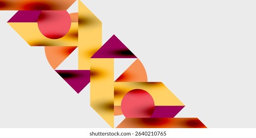 Abstract geometric shapes overlap, creating vibrant color gradients. Composition features triangles, circles, warm tones against dark background.