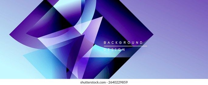 Abstract geometric shapes overlap, creating vibrant purple, blue gradients. Design features text background design. Modern, stylish visual.