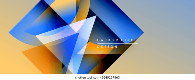Abstract geometric shapes overlap, creating vibrant color gradients. Background features warm, cool tones, modern design elements.