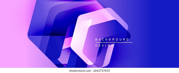Abstract geometric shapes overlap, creating vibrant gradients. Pink, purple, blue hues dominate composition. Modern design element.