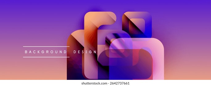 Abstract geometric shapes overlap, creating vibrant purple, blue, orange gradient. Text reads background design. Modern visual composition.