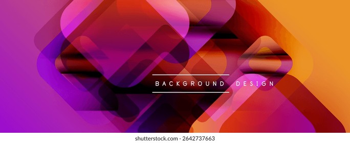 Abstract geometric shapes overlap, creating vibrant gradient effect. Purple, orange, red hues dominate design. Modern, dynamic composition.