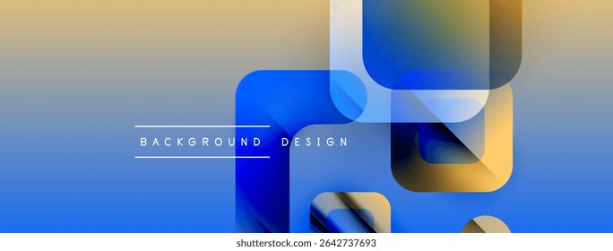 Abstract geometric shapes overlap, creating vibrant blue, orange gradients. Text reads background design centered within composition. Modern aesthetic.