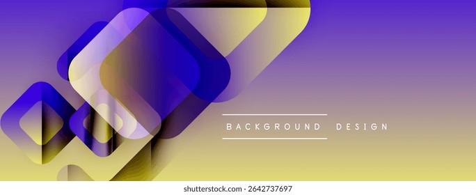 Abstract geometric shapes overlap, creating vibrant gradient effect. Purple, gold hues dominate design. Modern, stylish background.