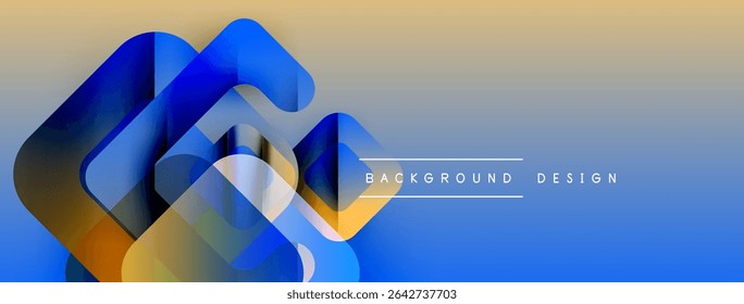 Formas geométricas abstratas se sobrepõem, criando um gradiente azul e laranja dinâmico. O plano de fundo apresenta uma transição suave de cores. Elemento de design moderno.